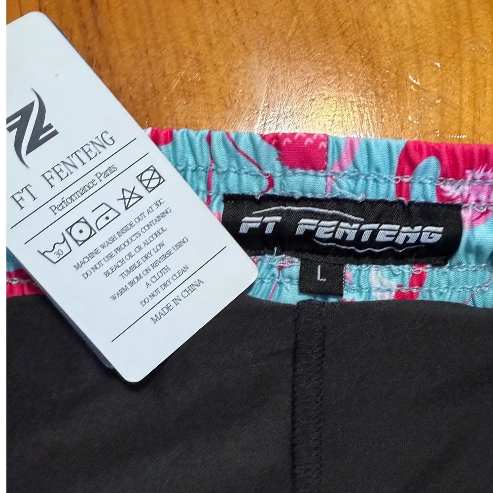 NWT FT Fenteng Flamingo Swim Trunks Men's Large Aqua Pink Quick Dry Beach